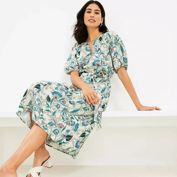 LOFT size L puff sleeve midi dress linen blend beige floral belted split neck - Picture 3 of 16